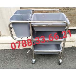 Xe đẩy thu gôm chén dĩa nhà hàng inox 3 tầng chân thẳng