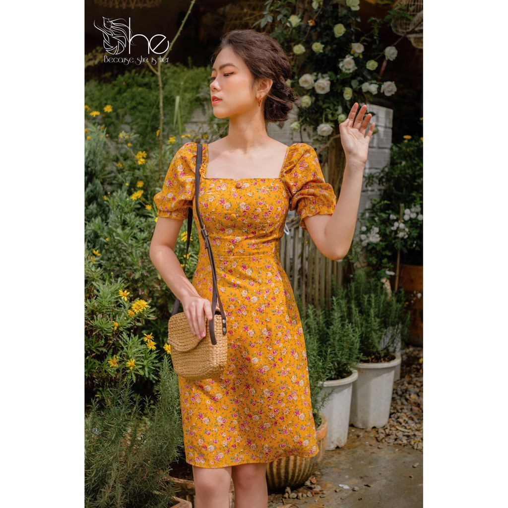Váy cổ vuông 3 nút She, đầm nữ tay bồng dáng ôm đi chơi,công sở SD488 | BigBuy360 - bigbuy360.vn