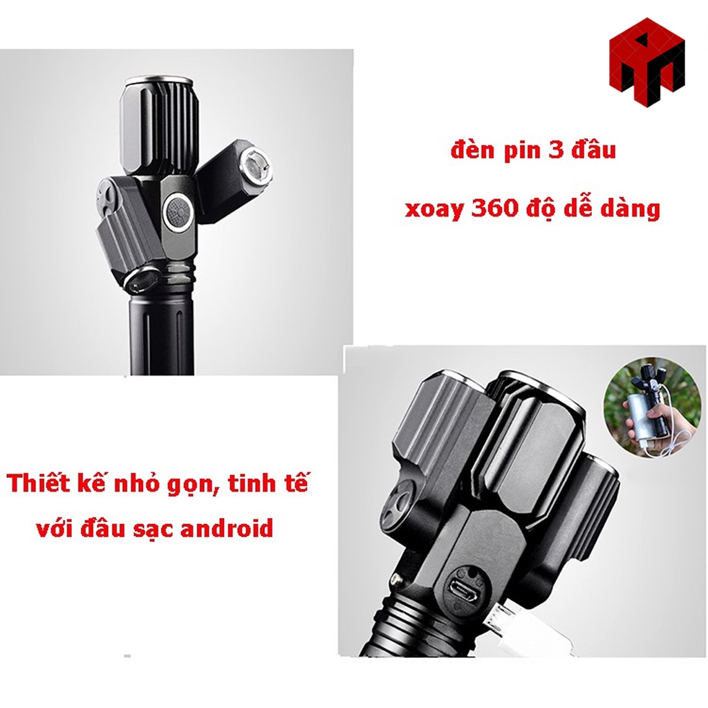 🔴HOT 2022>> Đèn Pin Cầm Tay Chống Trộm Siêu Sáng 3 Đầu Cao Cấp - Tặng Kèm Cáp, Củ Sạc & Pin.