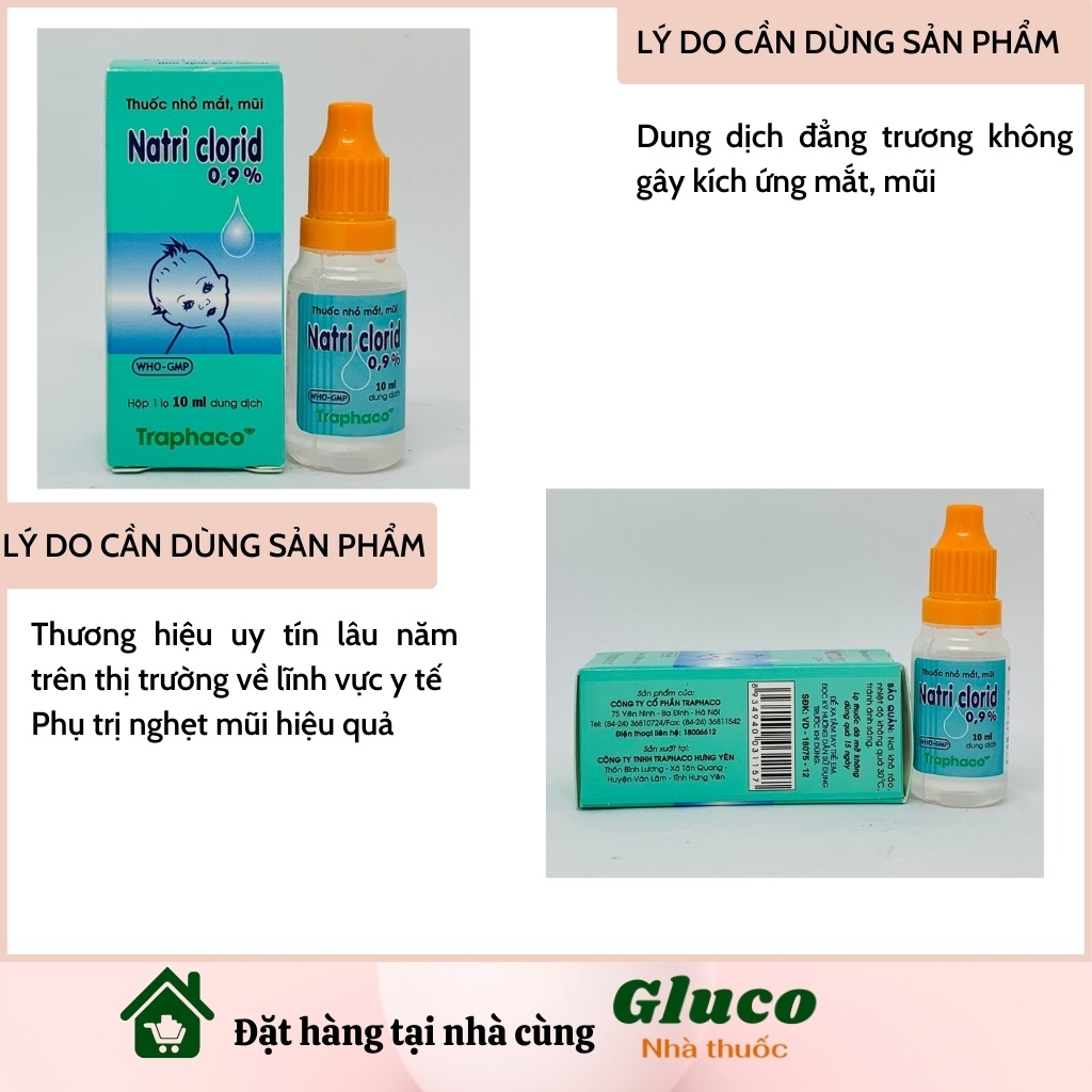 Nước muối sinh lý cho trẻ sơ sinh nhỏ mắt sinh lí Traphaco 10 lọ 10ml GLU003