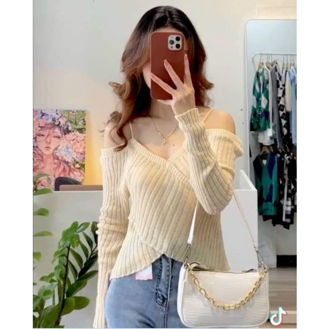 Áo len chéo vạt trễ vai hàng QC