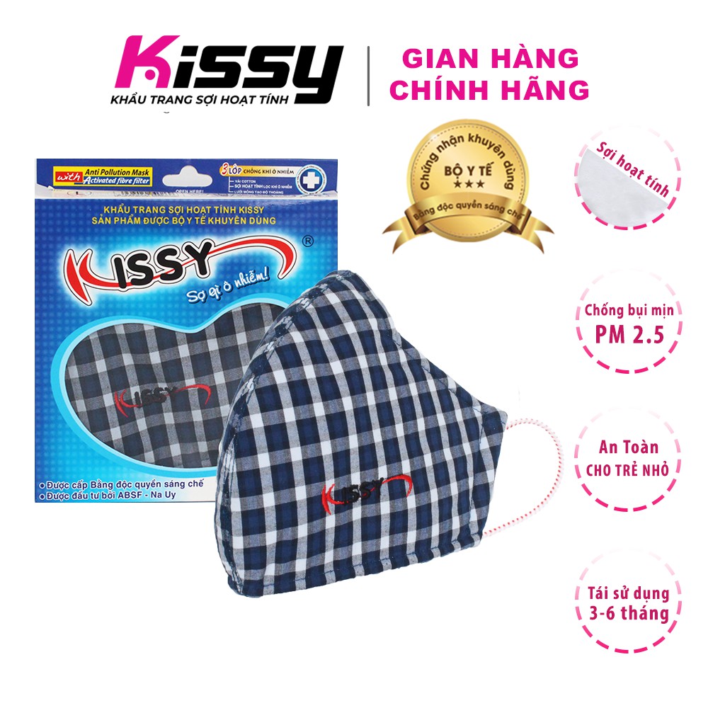 Khẩu Trang Kissy Người Lớn Mẫu Caro Nhỏ Size L Chống Nắng Và Bụi Mịn Xanh Nhạt