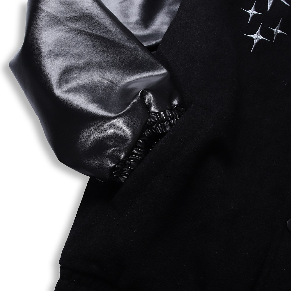 Áo Khoác Bomber Đen Unisex Vải Cashmere 2 Lớp Phối Tay Da Cao Cấp