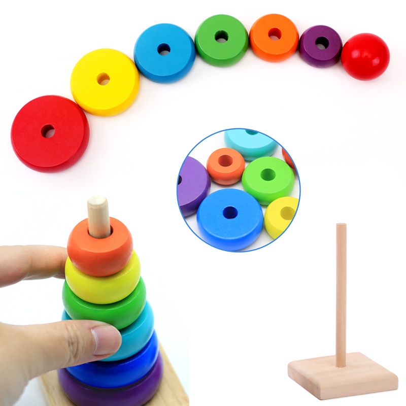 Đồ Chơi Tháp Gỗ Thả Khối, Xếp Chồng 7 Khối Cầu Vồng - Đồ Chơi Giáo Dục, Phát Triển Trí Tuệ Cho Bé