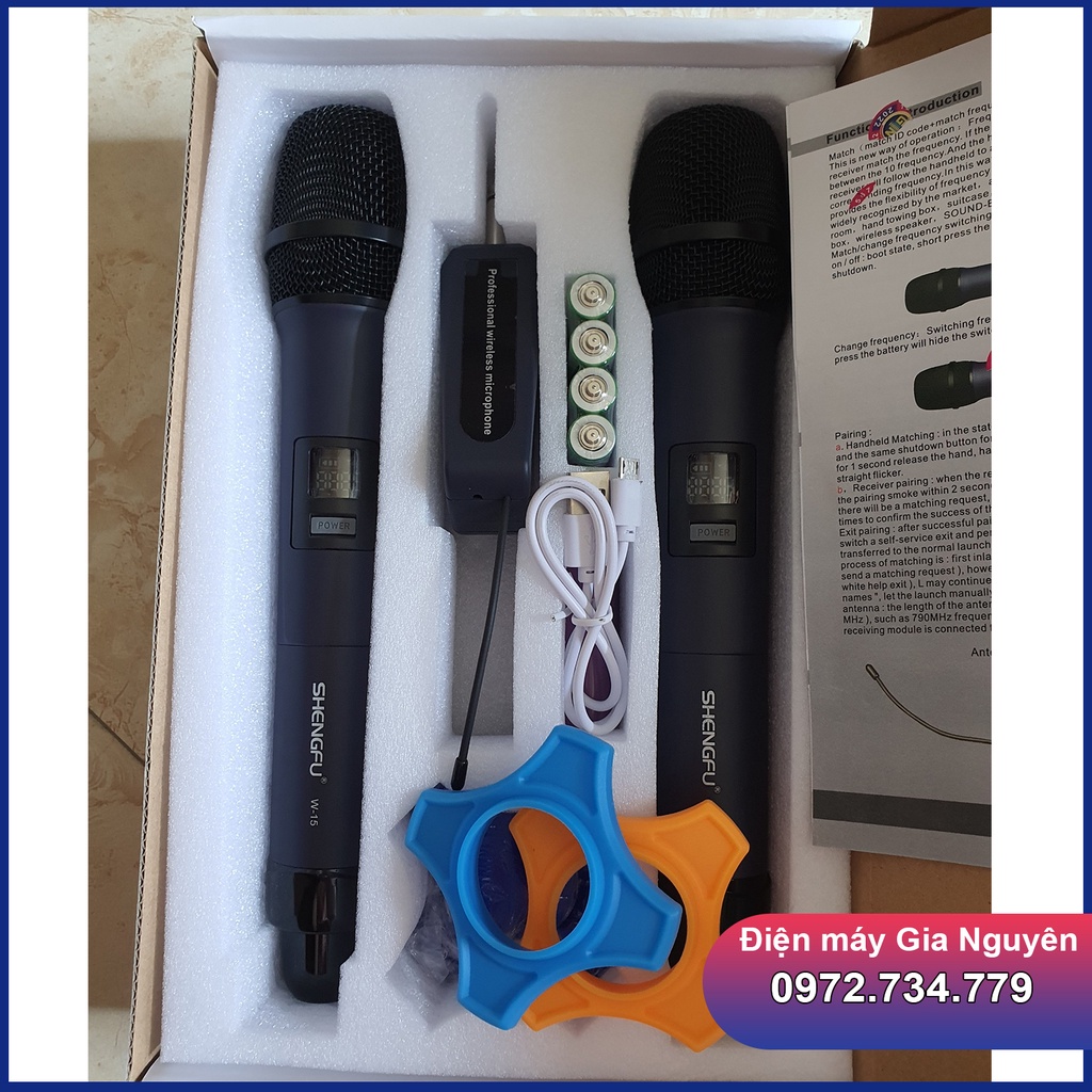 Micro hát karaoke W15 2 tay mic hút âm nhạy, micro đa năng, micro cho loa kéo, loa bluetooth