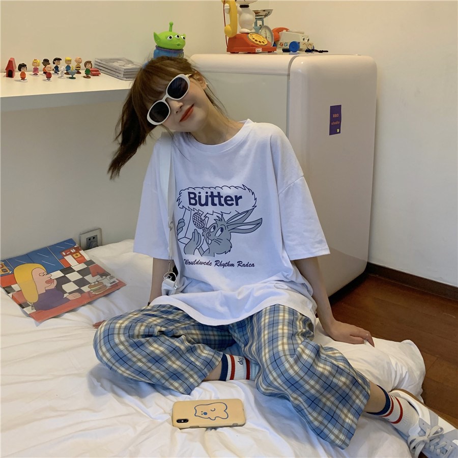 SET ÁO BUTTER VÀ QUẦN KẺ ỐNG SUÔNG XANH DƯƠNG ĐI HỌC, ĐI CHƠI | BigBuy360 - bigbuy360.vn