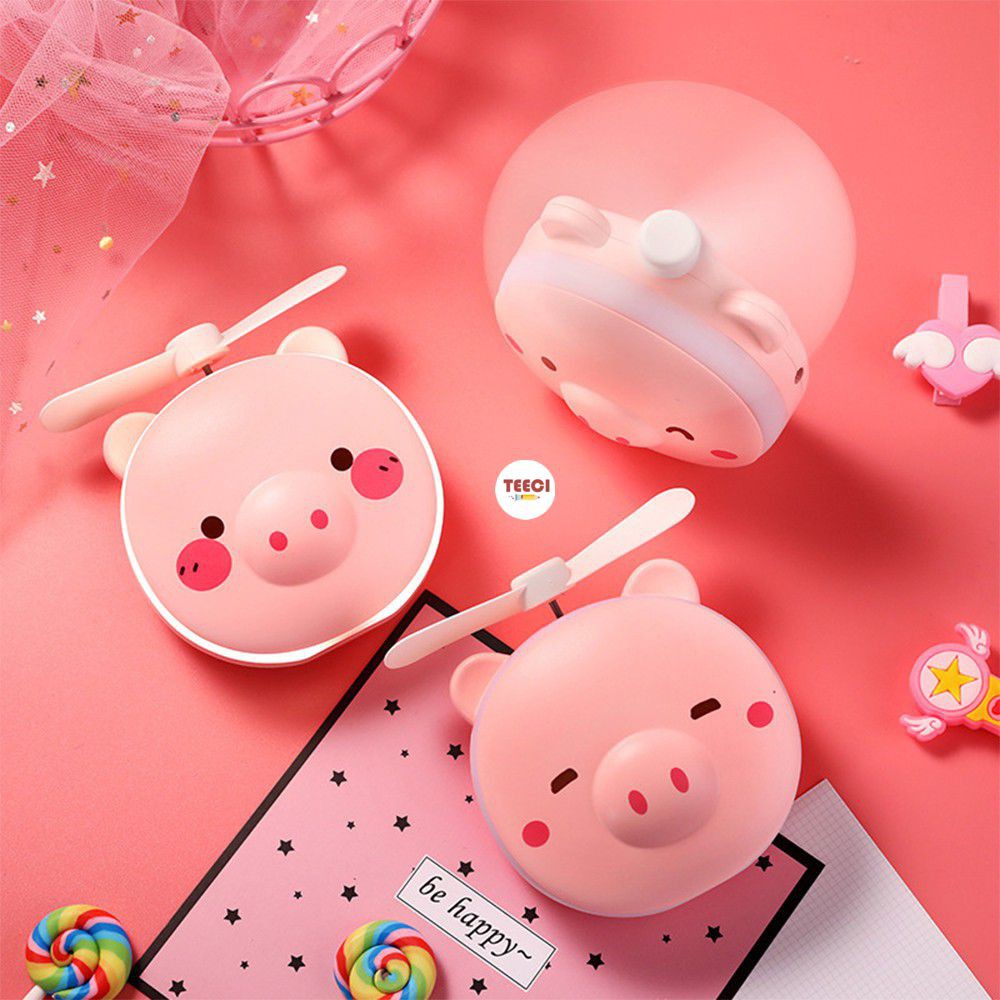 <Tặng Sticker> Gương Tròn Cầm Tay Mini Bỏ Túi  Có Đèn Kiêm Quạt Hàn Quốc Lợn Sữa Cute U212