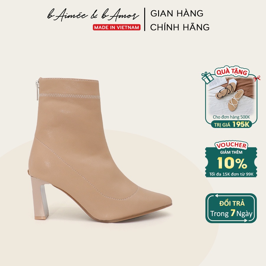 Bốt nữ cao cổ lót lông mũi nhọn gót cao 7p dáng boot lửng da mờ khóa sau màu đen trắng kem bAimée &amp; bAmor - MS1715