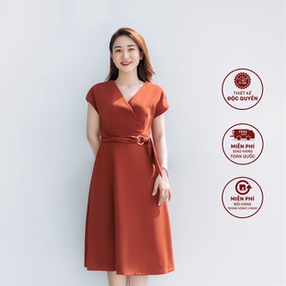 Đầm form A công sở TTV1103 TTV Store thiết kế cổ đắp chéo tay cánh dơi màu cam gạch