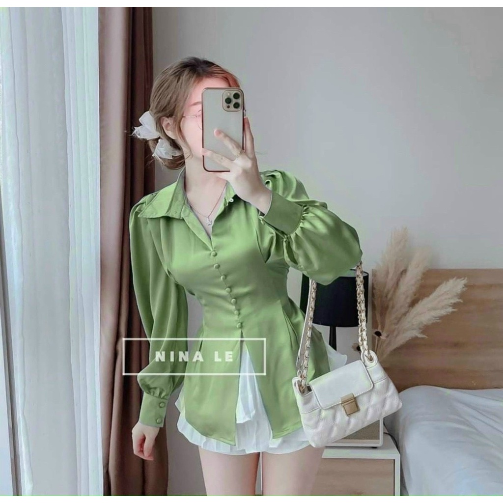 Áo sơ mi lụa vạt bầu nơ lưng tay phồng dài màu trắng đỏ đen NÀNG CLOSET