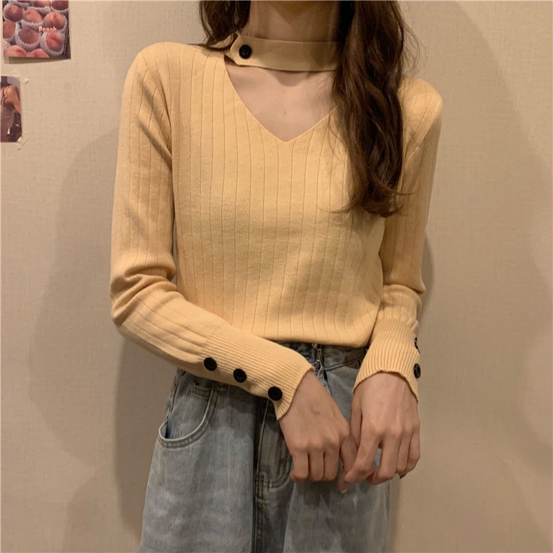 Áo Sweater dệt kim tay dài cổ chữ v thiết kế trẻ trung cá tính