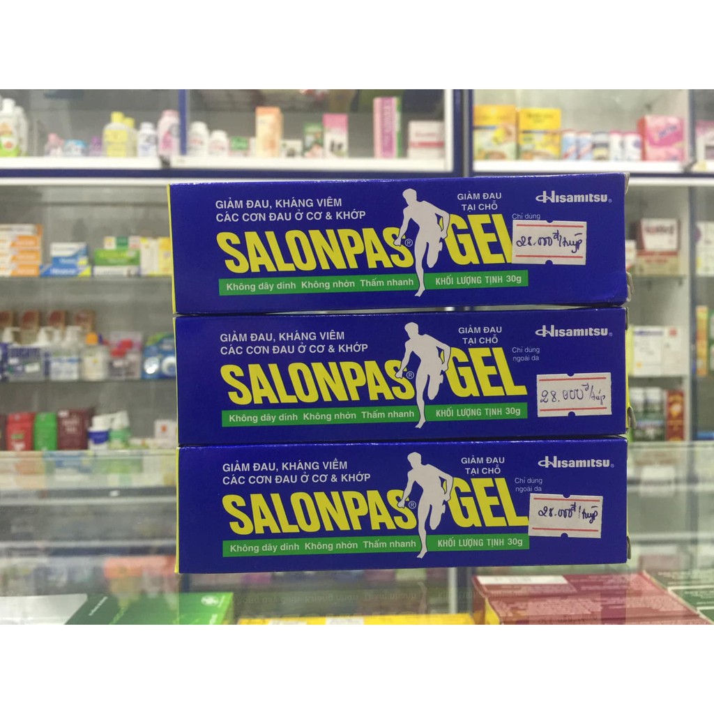Hộp Salonpas Gel, giảm đau khớp, đau cơ, đau vai, bầm tím, tuýp 15,30g, túi