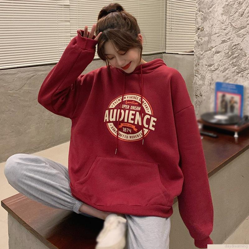 Áo hoodie tay dài dáng rộng có dây rút thời trang thu đông cho nữ