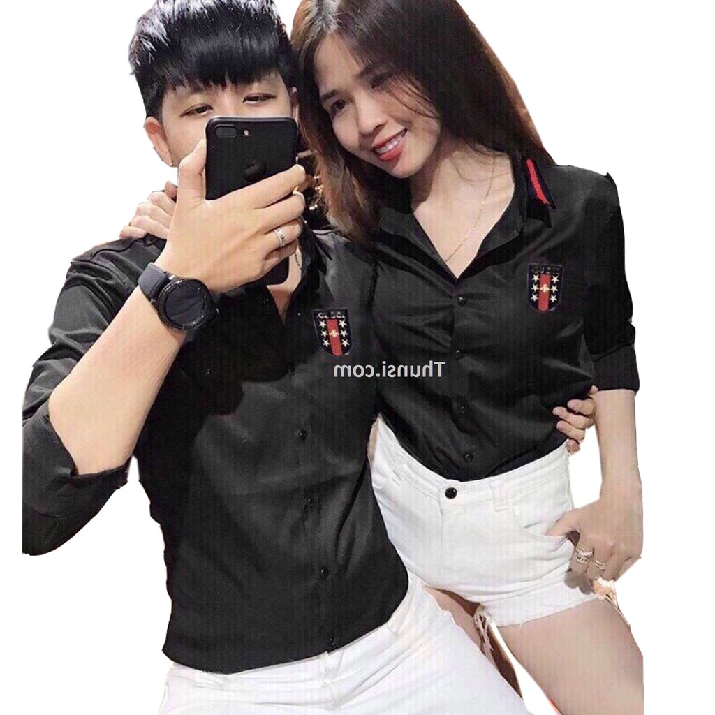 ÁOSơ Mi Nam CHẤT LỤA DÀI TAY .Áo Sơ Mi Cặp Đôi Màu Đen Họa Tiết gusi Nhẹ -Bỏ_Sỉ