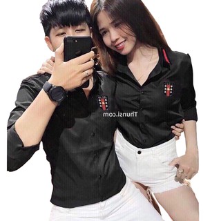 ÁOSơ Mi Nam CHẤT LỤA DÀI TAY .Áo Sơ Mi Cặp Đôi Màu Đen Họa Tiết gusi Nhẹ -Bỏ_Sỉ