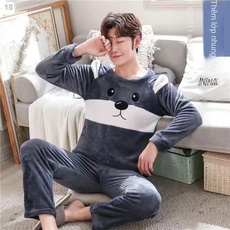 Đồ ngủ nam mùa thu và đông san hô flannel hoạt hình giới có thể mặc phục vụ tại nhà