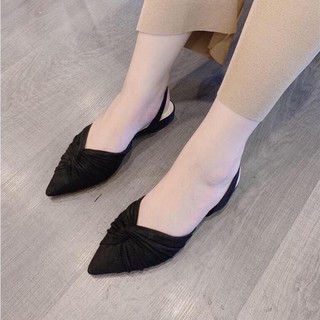 Giày sandal nữ đế bằng Bánh bèo, giày búp bê mũi nhọn chất lụa satin phối dây thời trang màu đen