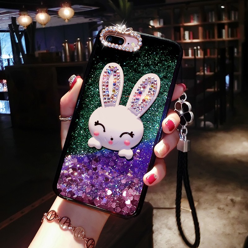 Ốp điện thoại hoạ tiết thỏ 3D lấp lánh có dây đeo tay cho Oppo F9 F7 F5 a71 2018 a83 a37 a3s