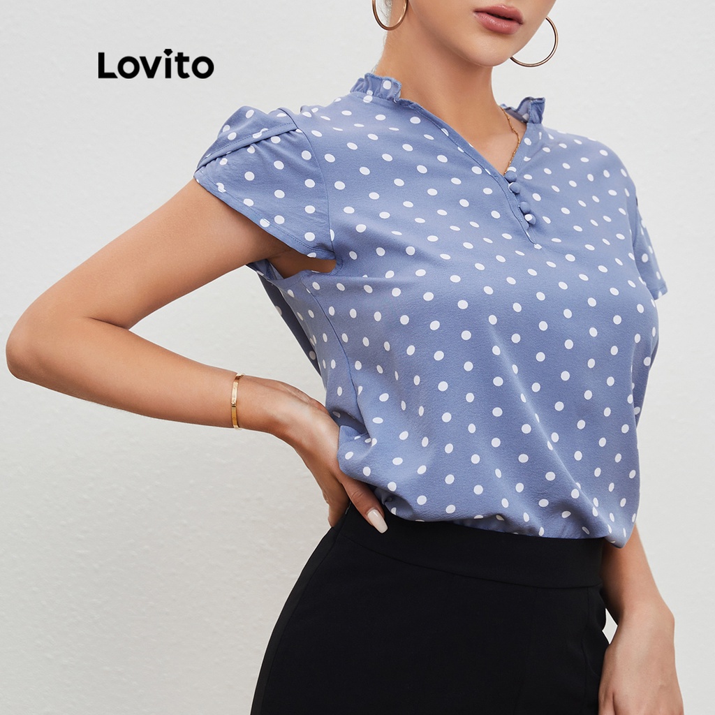 1221de-Lovito Áo Kiểu Tay Bèo Cổ Bèo Họa Tiết Chấm Bi L20D002