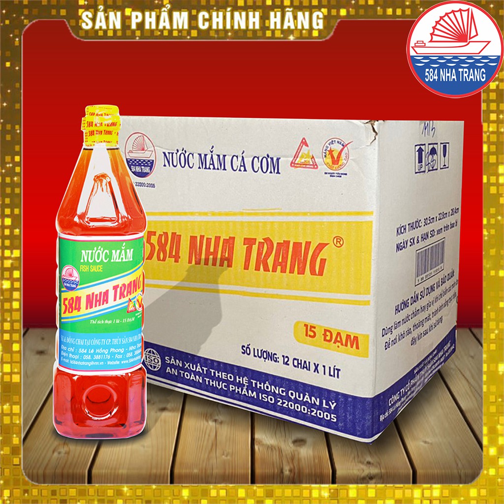 Thùng 12 chai, Nước mắm Cá cơm 15 độ đạm - 584 Nha Trang - Chai 1 Lít,  Date luôn mới nhất
