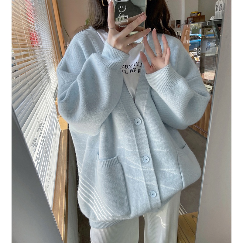 ZHELIHANGFEI Áo Len Tay Dài Cổ Chữ V Form Rộng Theo Phong Cách Preppy Dễ Phối Đồ