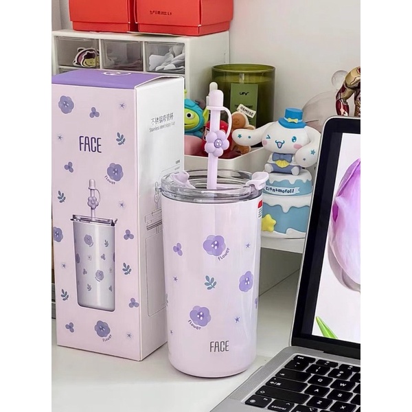 Bình nước giữ nhiệt cao cấp hãng Face  hoạ tiết hoa cherry , anh đào dễ thương phong cách Hàn Quố