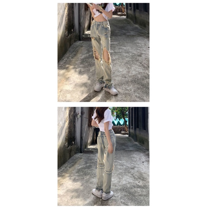 Quần Jean Nữ Cạp Cao Ống Đứng Rách Gối Phong Cách Đường Phố Mỹ Thời Trang