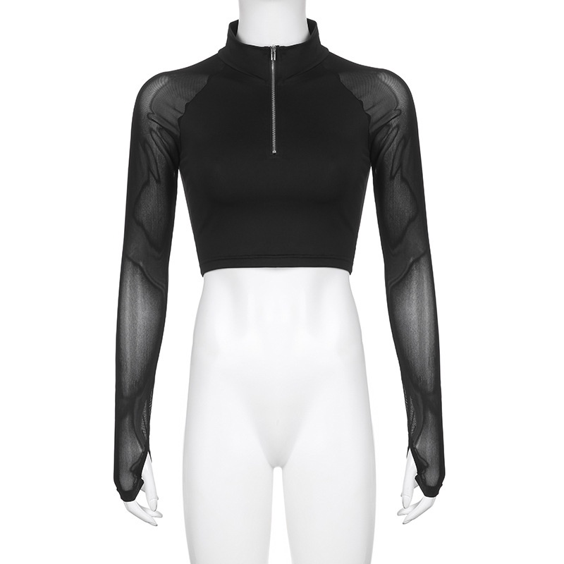 Áo Thun Tay Dài Cổ Cao Phối Lưới Có Khóa Kéo Thời Trang Đường Phố Cá Tính Cho Nữ