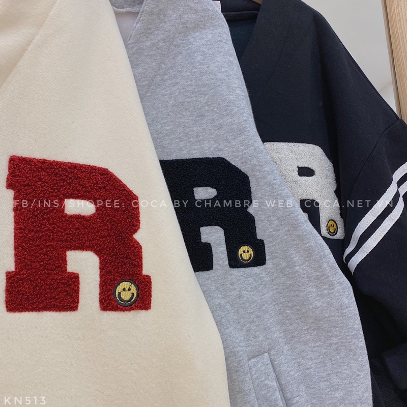 [KN513]🎯 Áo khoác nỉ bông dày chữ R thêu xù sọc tay form rộng unisex (Có sẵn/ảnh thật) | BigBuy360 - bigbuy360.vn