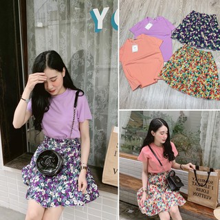 S138 Set Chân Váy Hoa Nhí Vải Đũi QC Siêu Hót phối Áo Phông Nữ Cổ Tròn dấu quần Chất Cotton tàu xịn xò