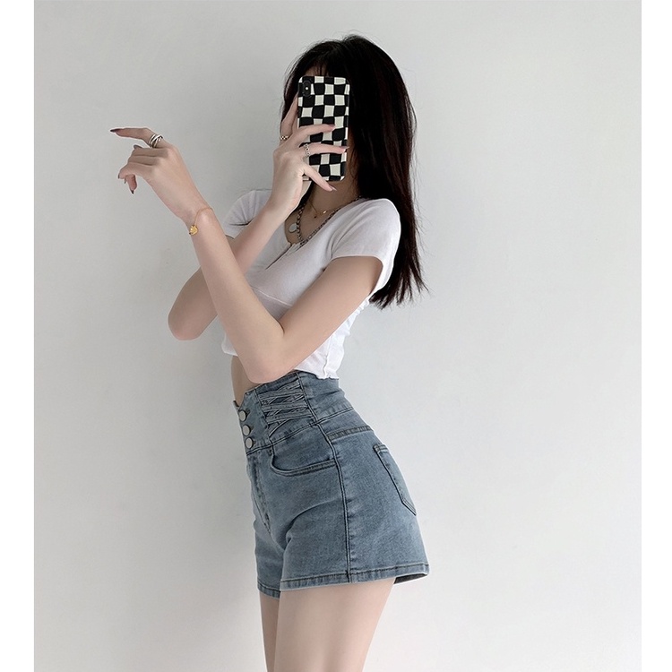 Porozi  Quần Short Jean Nữ Lưng Cao Thời Trang Hàn Quốc