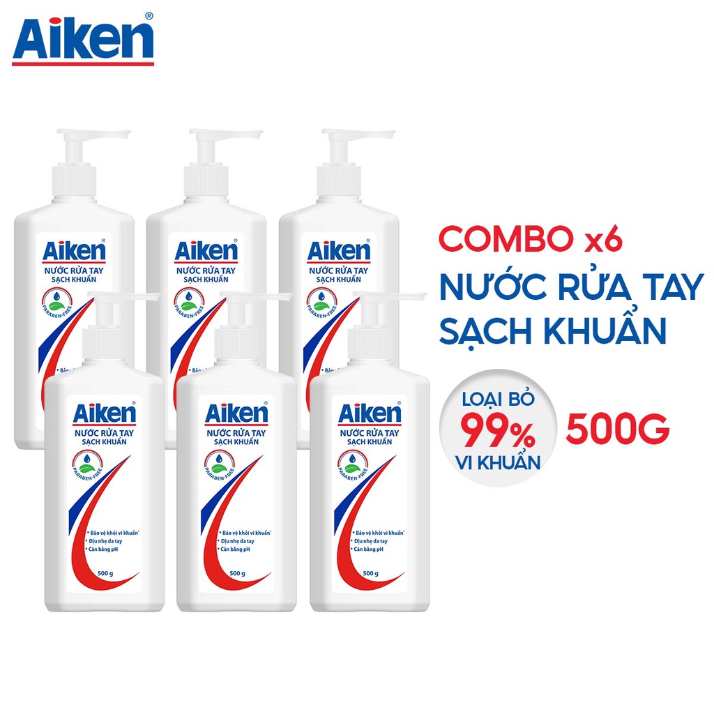 Combo 6 nước rửa tay xà phòng sạch khuẩn Aiken 500g / chai