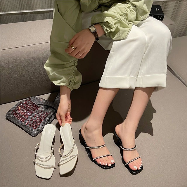 Guốc Cao gót Lily đính đá Màu Đen/Trắng, Guốc gót nhọn 6-7cm Thời trang SP237