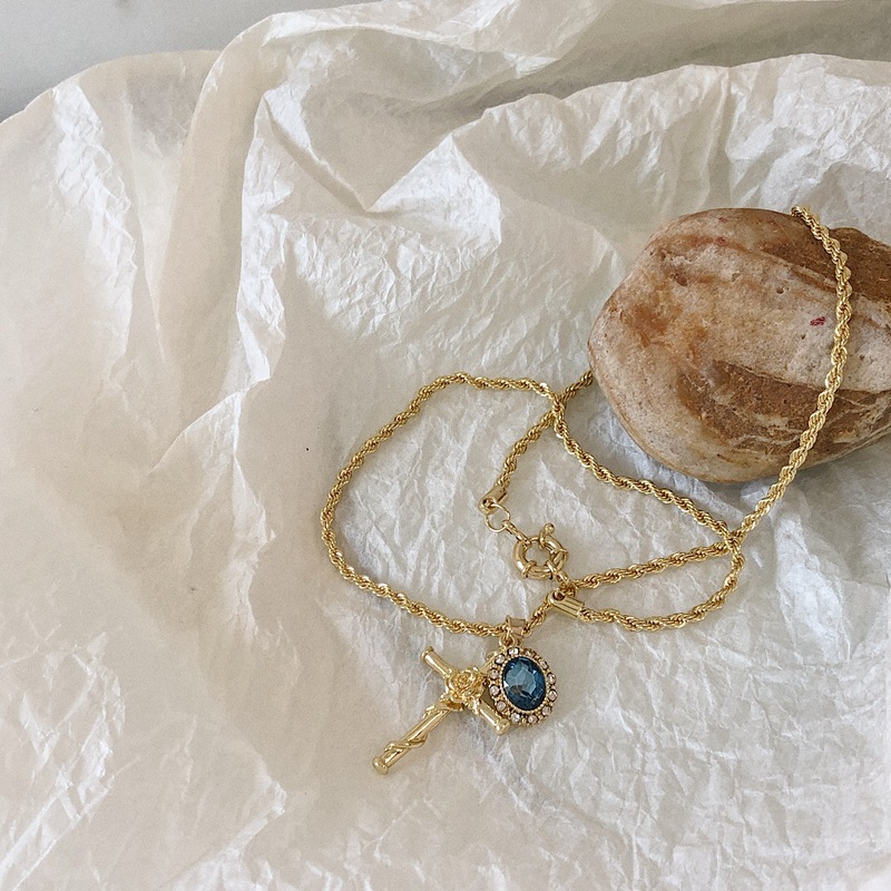 Dây chuyền mặt hình thánh giá đính đá opal màu xanh dương thời trang cho nữ 22814