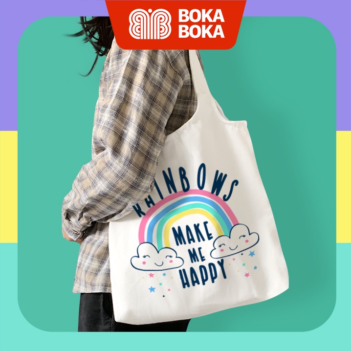 Túi Tote Vải Canvas Đeo Vai In Hình Rainbows Make My Happy Có Khóa