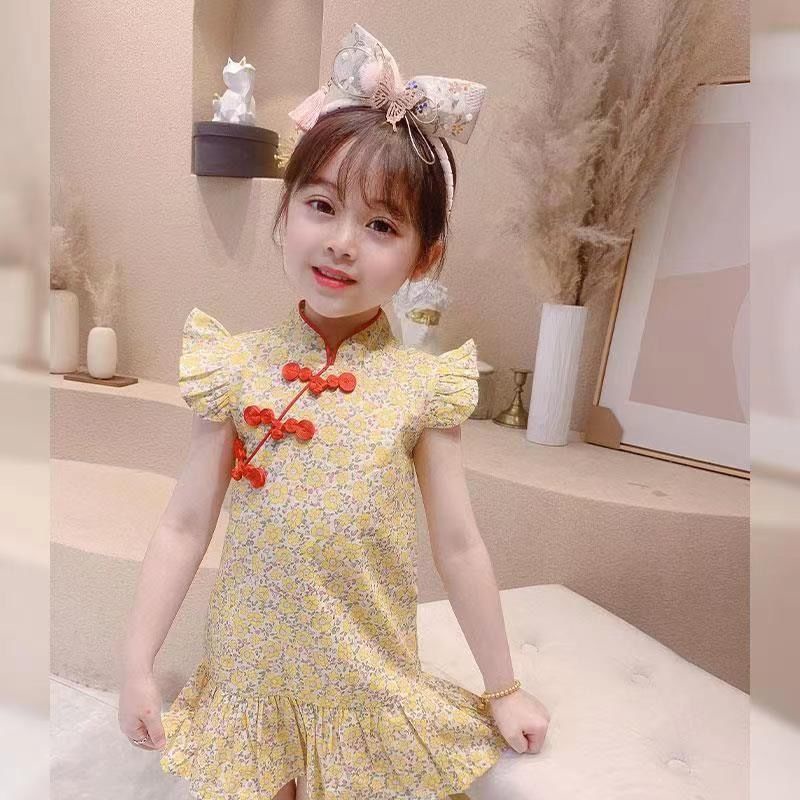 Đầm Sườn Xám Cách Tân Tay Ngắn Bằng Vải bông Phong Cách Trung Hoa Dành Cho Bé Gái 1-9 Tuổi