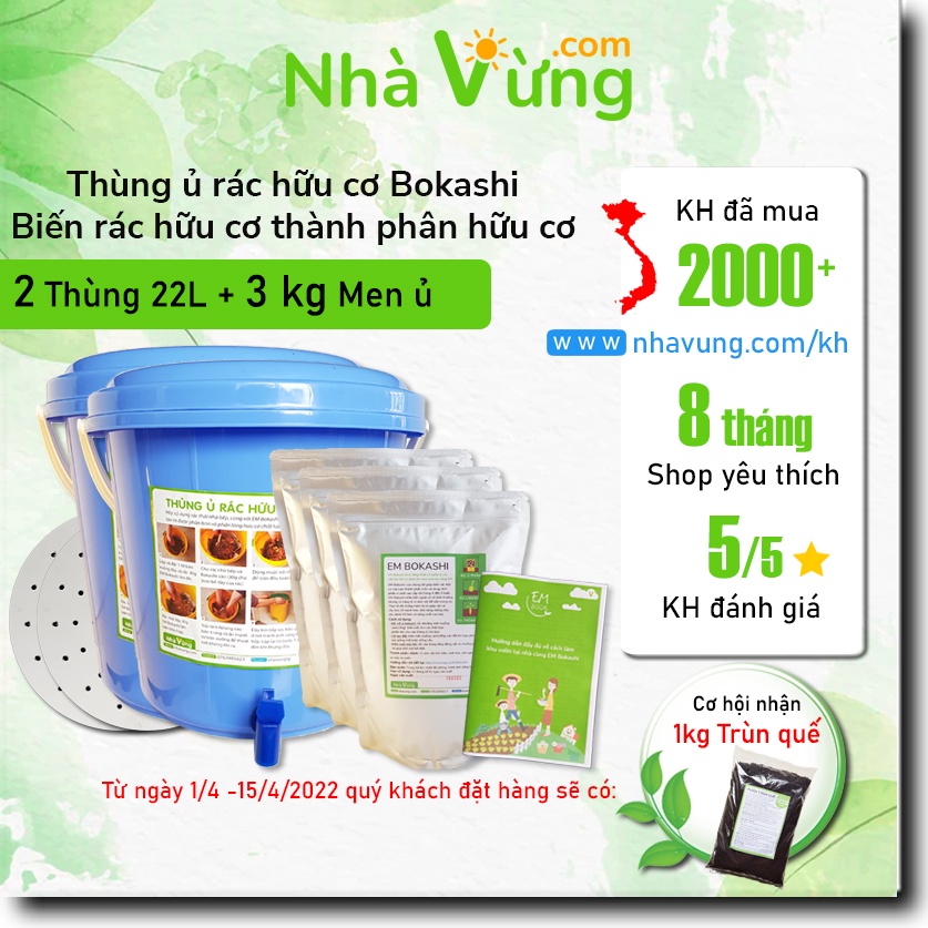 Thùng ủ rác hữu cơ thành phân hữu cơ EM Bokashi - Nhà Vừng (combo 2 thùng 22L + 3 túi EM Bokashi)