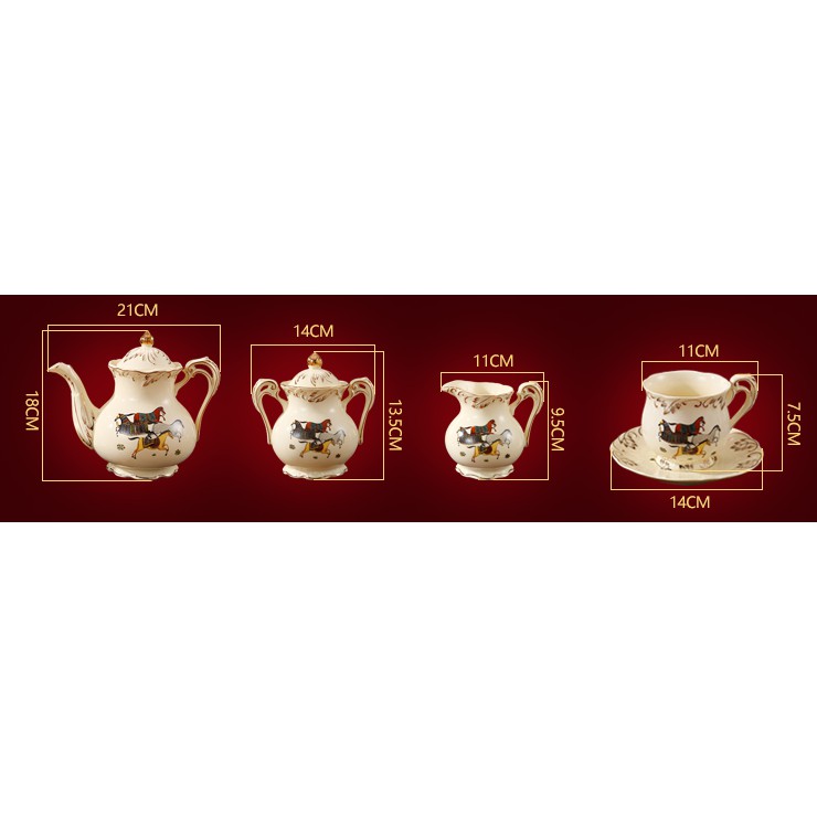 Tách trà cao cấp họa tiết mã đáo thành công - Gồm 21 món - Chất sứ cao cấp vẽ vàng sang trọng - Remi Decor