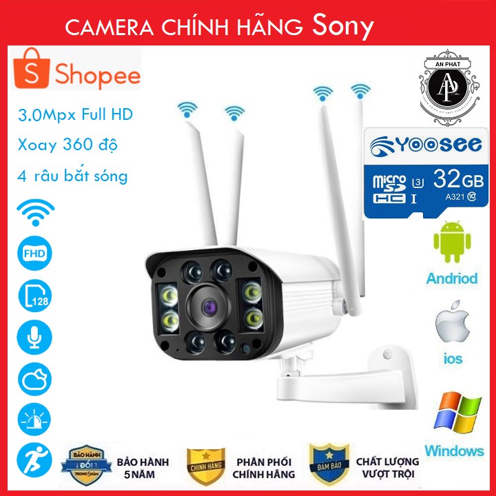 Camera Yoosee ngoài trời 4 Râu 8 Led 3.0Mpx Full HD Chuẩn 1296pixel Thẻ nhớ 32GB Yoosee Chuyên Dụng