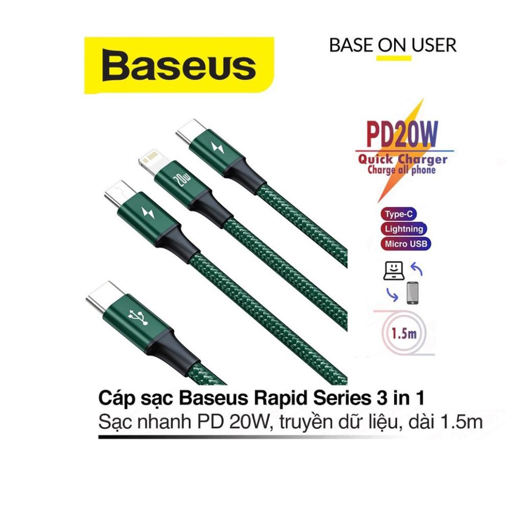 Cáp sạc nhanh PD20W Baseus Rapid Type-C to Lightning/Type-C/Micro dây dù siêu bền dài 150CM cho Smartphone