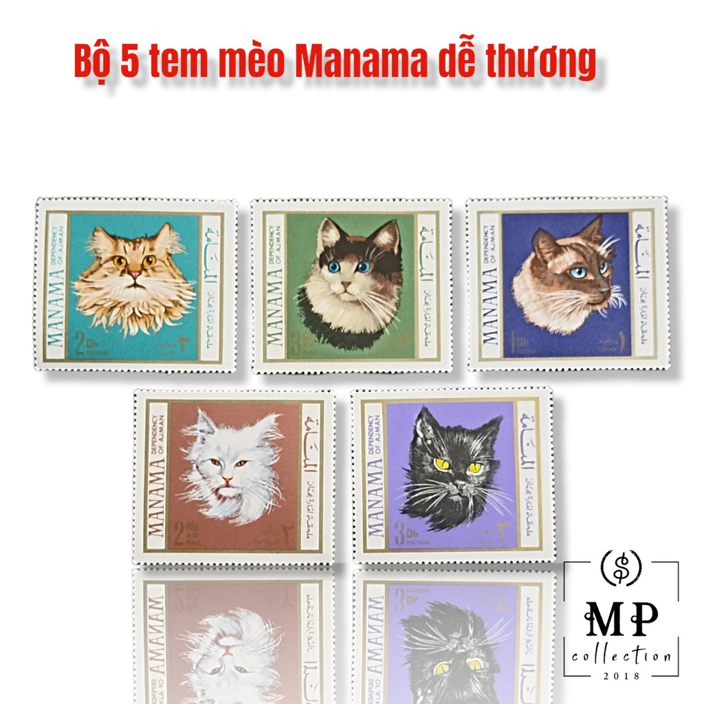 Bộ 5 tem mèo Manama dễ thương cho người sưu tầm tem.