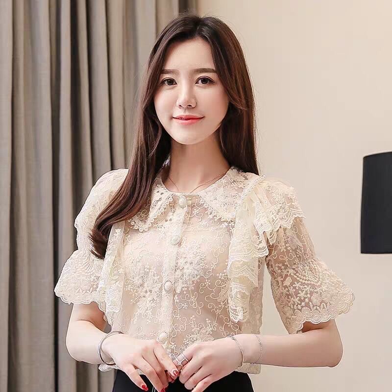 Áo Sơ mi nữ ngắn tay viền ren kiểu dáng hàn quốc mã QD06