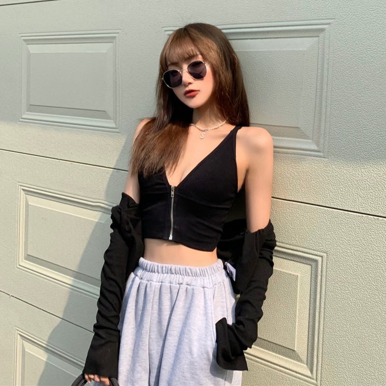 Cocory vn Áo Croptop Hai Dây Cổ Chữ V Màu Trơn Phối Khóa Kéo Quyến Rũ