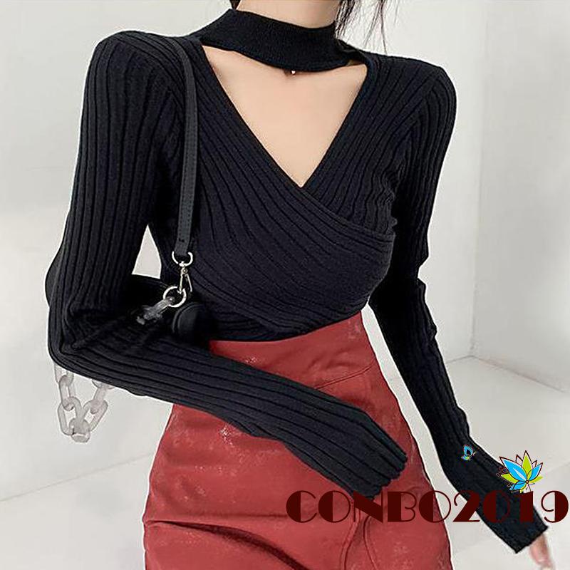 Áo len lửng tay dài cổ chữ V màu xanh/đen/trắng