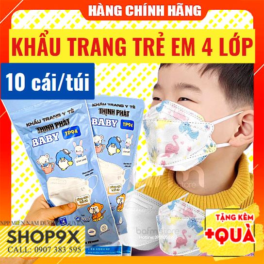 Khẩu Trang Y Tế Trẻ Em 4 Lớp Thịnh Phát TP94 Chống Bụi Kháng Khuẩn (10 cái/ túi) - Cho Bé Từ 3-10 Tuổi