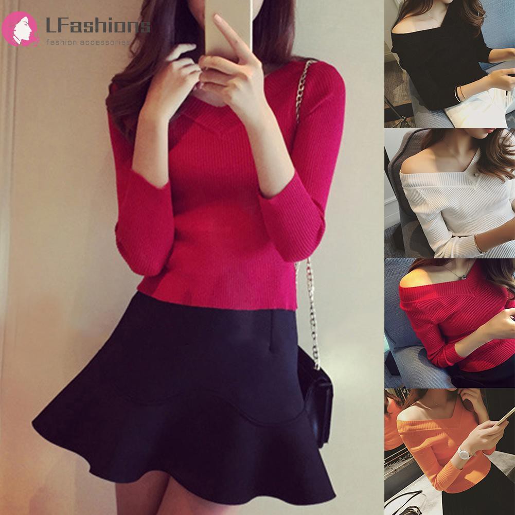 [Lfashions] Autumn Women Off Shoulder V-Neck Knit Tops Long Sleeve Pullover Sweaters | BigBuy360 - bigbuy360.vn