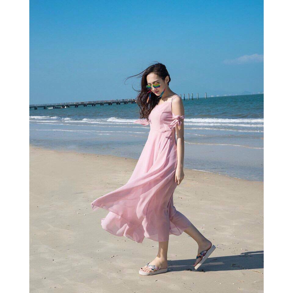 Đầm Maxi Rớt Vai Chất Chiffon Lót Thun,Co Giãn Nhẹ,Thoáng Mát,Thỏa Sức Tung Tăng Dịp Hè Này Nhé