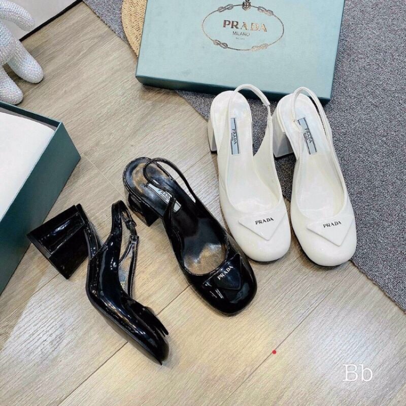 Giào cao gót hở gót Pradaa mũi vuông gót vuông 6p đi cực chắc chắn
