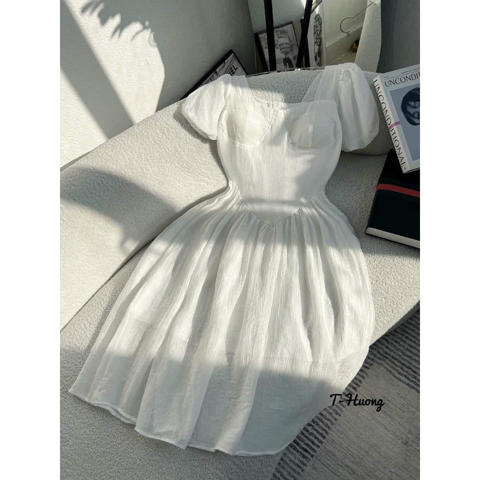 Váy thiết kế nữ tay bồng chất đũi hàng 2 lớp có cúp ngực tiểu thư bánh bèo siêu xinhI Trần Hân Shop 3007458