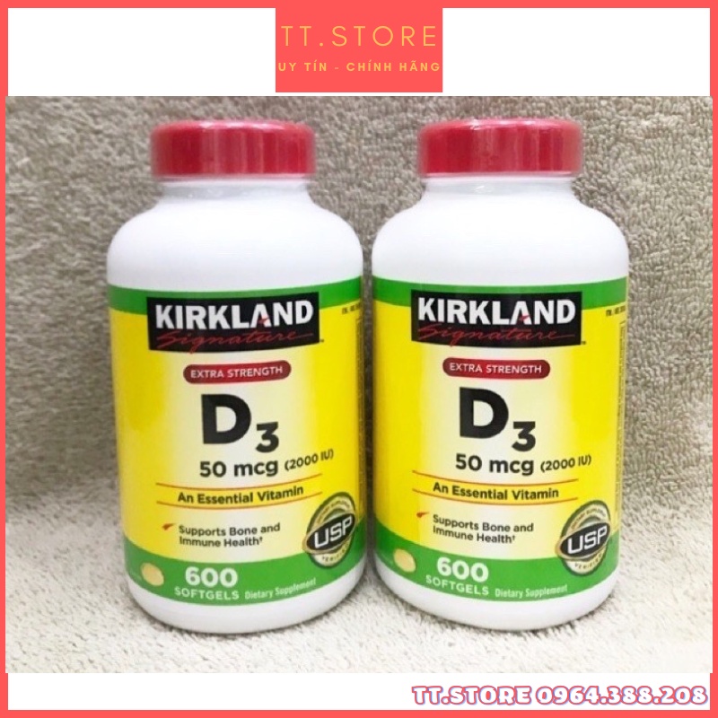 Viên Uống Hỗ Trợ Xương Khớp Vitamin D3 Kirkland Extra Strength D3 50mcg, Hộp 600 Viên Của Mỹ.